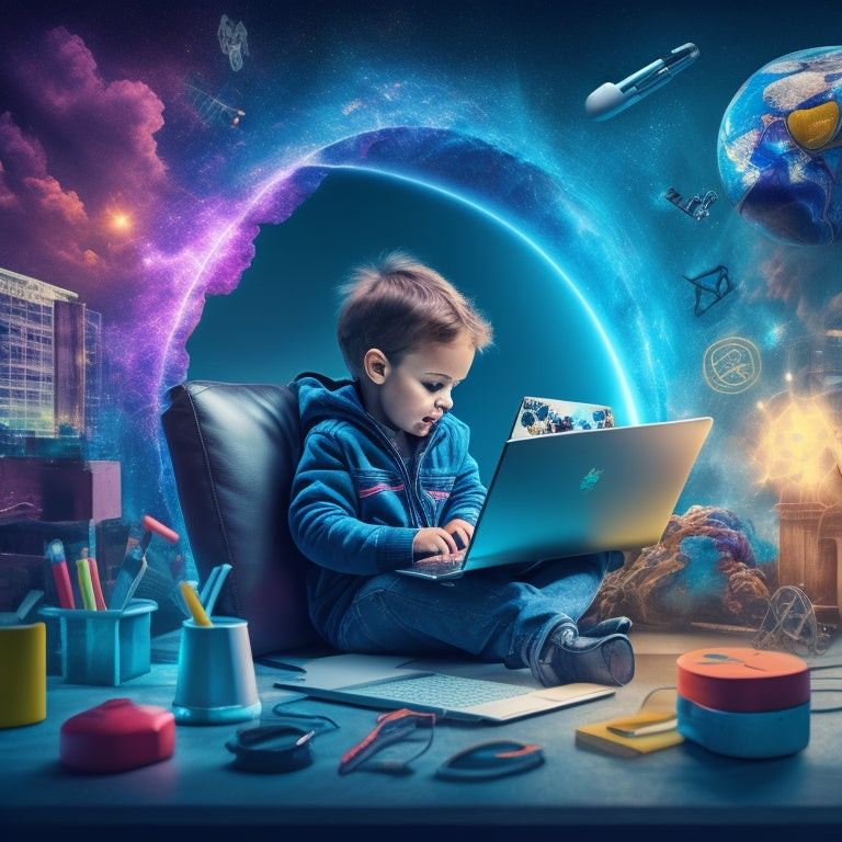 A colorful, interactive illustration of a child sitting in front of a laptop, surrounded by icons of various online tools, such as a magnifying glass, a shield, and a bookmark, amidst swirling clouds and glowing sparks.