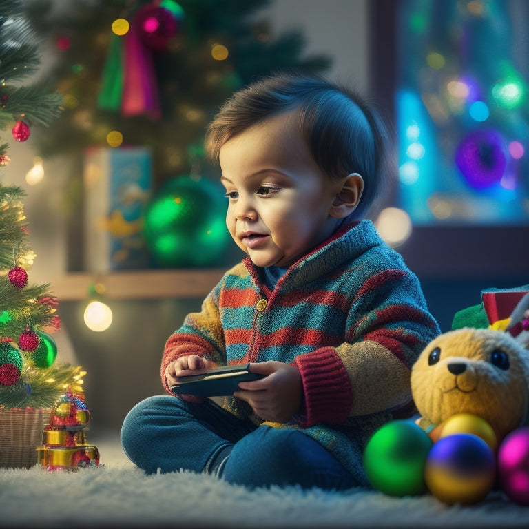 A festive holiday scene featuring a curious child, aged 4-6, surrounded by colorful toys and decorations, holding a LeapFrog LeapStart 3D tablet, with a joyful expression and a subtle glow around the device.