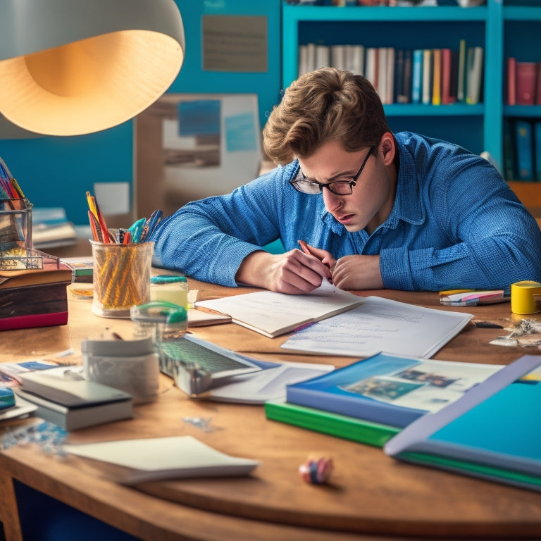 A cluttered desk with open math textbooks, scattered pencil shavings, and a frustrated student in the background, contrasted with a calm, organized digital space with a laptop and a friendly online tutor's avatar.