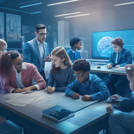 An illustration of a futuristic classroom with augmented reality math problems projected onto desks, surrounded by diverse students collaborating and interacting with AI-powered robots and tablets.