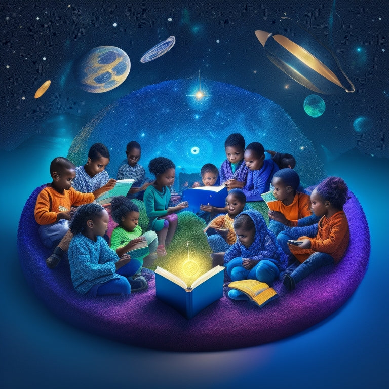 A colorful illustration of a diverse group of children sitting in a circle, surrounded by tablets and e-readers, with 3D books and reading-related icons floating above their heads, amidst a bright, starry night sky.