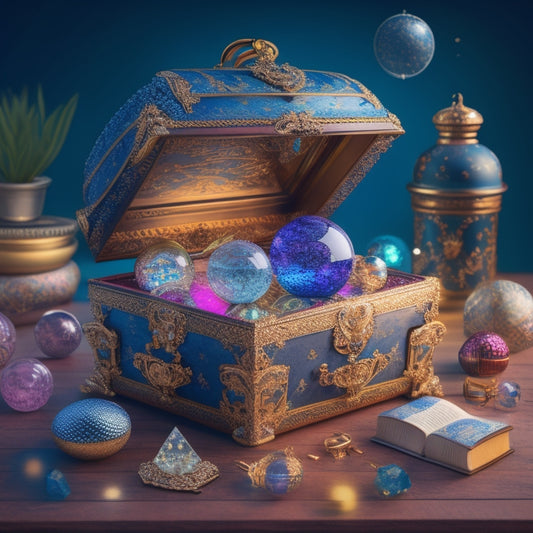 A stylized illustration of a treasure chest overflowing with sparkling gemstones, surrounded by open books, globes, and educational tools, set against a bright blue background with subtle wave patterns.