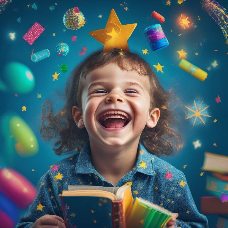 A whimsical illustration of a smiling child surrounded by colorful digital devices, books, and reading-themed icons, with confetti and stars bursting from their head, symbolizing joyful learning.