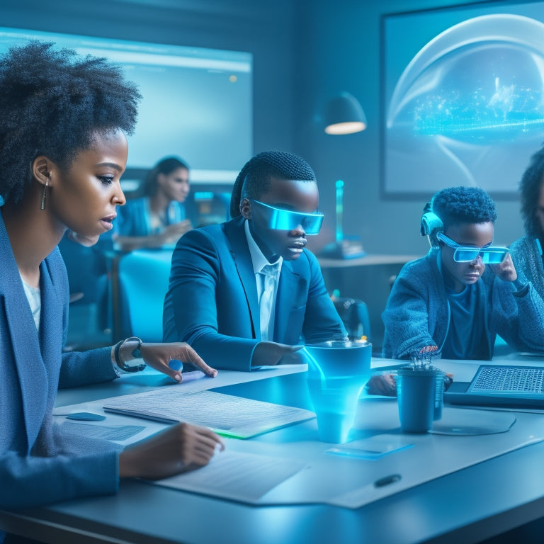 A futuristic virtual classroom with augmented reality toys and gadgets scattered around a group of diverse, engaged students, surrounded by holographic screens and neon-lit coding charts.