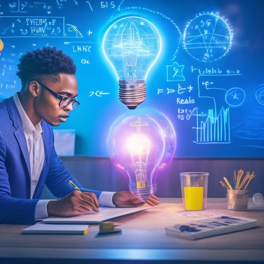 An illustration of a gifted learner, represented by a bright, glowing lightbulb above their head, surrounded by various math symbols and formulas, with a tablet and virtual chalkboard in the background.