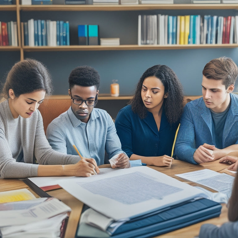 An illustration of a diverse group of students sitting at a table, surrounded by math textbooks, laptops, and graphs, with a subtle background of mathematical symbols and charts, conveying a sense of data-driven learning.