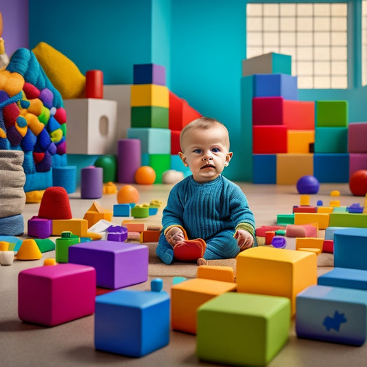 A whimsical illustration of a curious infant sitting amidst a scattered array of soft, colorful blocks, counting toys, and shapes, surrounded by subtle math patterns on the floor and walls.