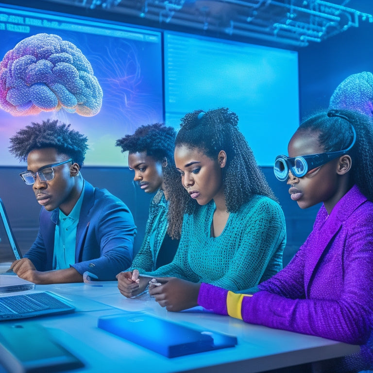 A colorful, futuristic classroom scene with diverse students engaged in collaborative learning activities, surrounded by interactive digital screens, virtual reality headsets, and 3D puzzles amidst a backdrop of brain neurons and sparks.