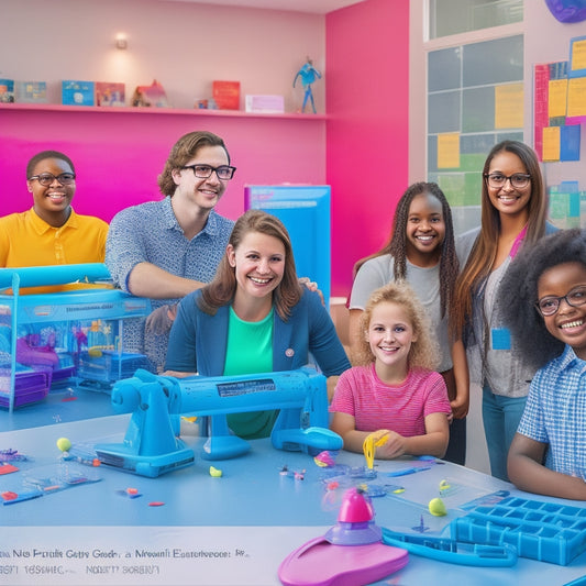A colorful, clutter-free classroom with Naomi Meredith, a smiling, bespectacled STEM educator, standing amidst 3D printers, robotic arms, and students of diverse ages, ethnicities, and abilities, surrounded by futuristic gadgets and innovative projects.