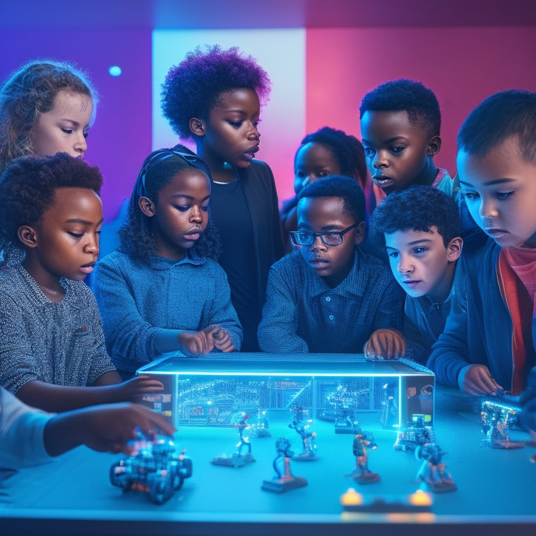 An illustration of diverse students, aged 8-12, gathered around a large, interactive touchscreen display, surrounded by robots, coding blocks, and 3D models, with vibrant colors and futuristic lighting.