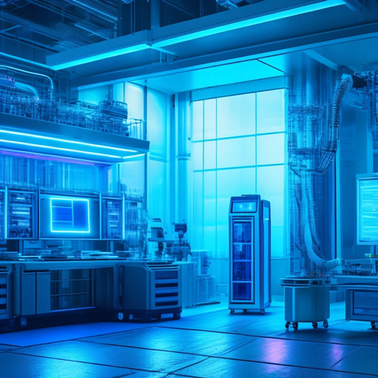 A futuristic, high-tech laboratory with 3D printers, robotic arms, and sleek machinery, surrounded by transparent screens displaying intricate designs, amidst a backdrop of glowing blue circuits and pulsing neon lights.