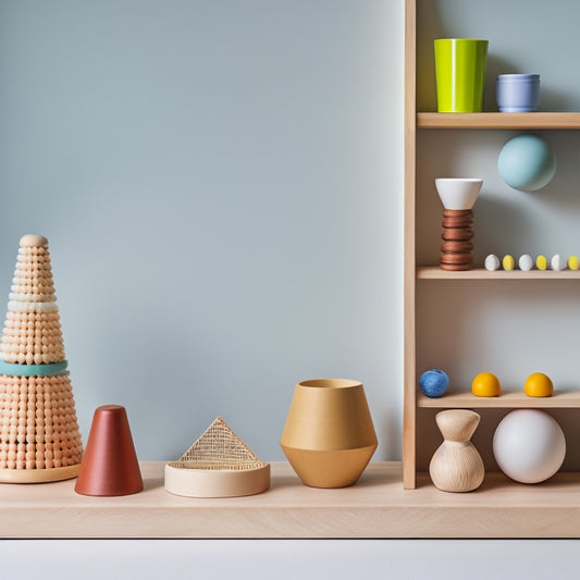 A whimsical, minimalist background with a curated selection of Montessori toys, including a wooden abacus, a set of stacking cups, and a geometric shape sorter, arranged artfully on a natural wood shelf.