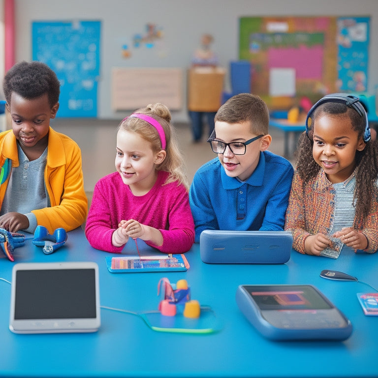 A colorful illustration of a diverse group of children with special needs, each utilizing assistive technology devices, such as tablets, headphones, and wearable sensors, in a vibrant, inclusive classroom setting.