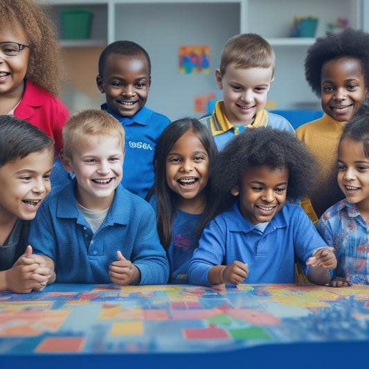 An illustration of a diverse group of happy children with special needs, each engaged with a tablet, surrounded by colorful math-related icons, puzzles, and charts, amidst a warm and supportive classroom environment.