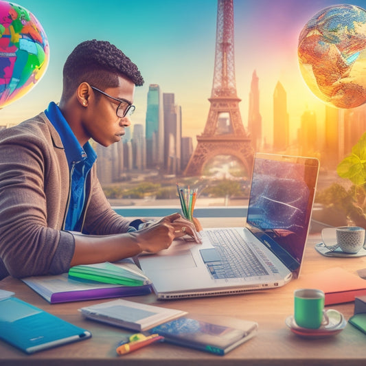 A colorful illustration of a student sitting at a desk, surrounded by laptops, tablets, and math textbooks, with a subtle background of a cityscape or a globe, conveying digital learning and exploration.