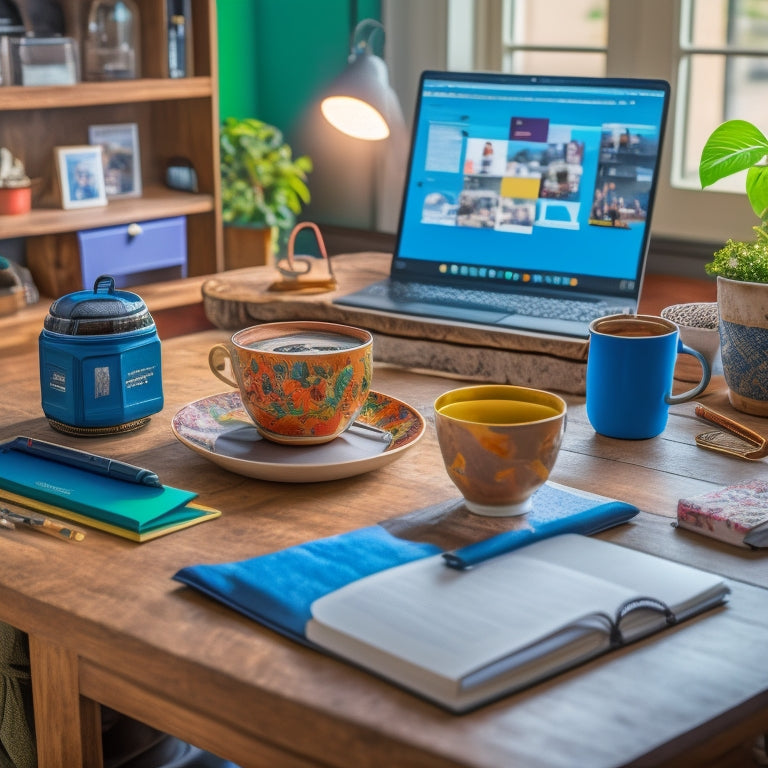 A warm and organized home workspace with a laptop, surrounded by colorful notebooks, pens, and a cup of steaming coffee, where a parent and child sit together, engaged in online learning.