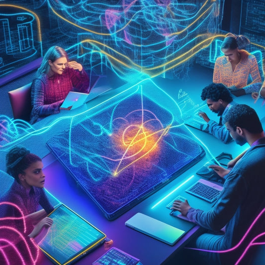 A stylized illustration of a virtual math classroom: swirling threads of neon-colored equations and symbols connect diverse avatars, surrounded by laptops, tablets, and smartphones, amidst a subtle grid of pixels.