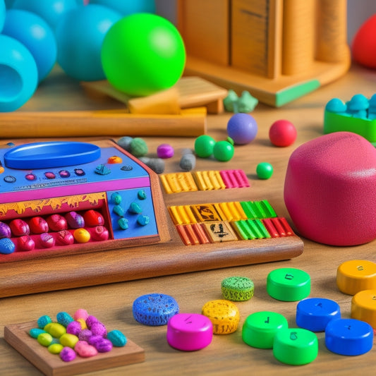 A colorful background with various math toys and objects scattered around, such as a wooden abacus, number blocks, and a toy cash register, surrounded by addition symbols (+) and subtle number patterns.