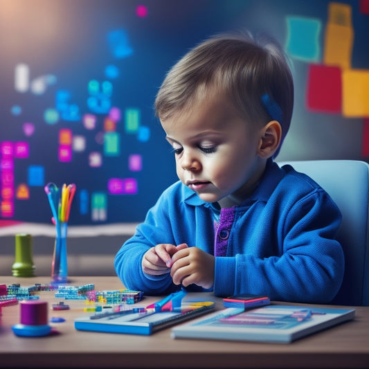 A colorful illustration of a young child sitting at a desk, surrounded by digital devices and math tools, with a thought bubble filled with numbers and shapes, amidst a subtle background of binary code.
