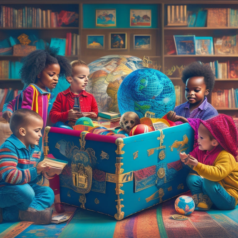 A vibrant, colorful illustration featuring a treasure chest overflowing with diverse educational resources, such as books, tablets, globes, and puzzles, surrounded by excited, diverse children.