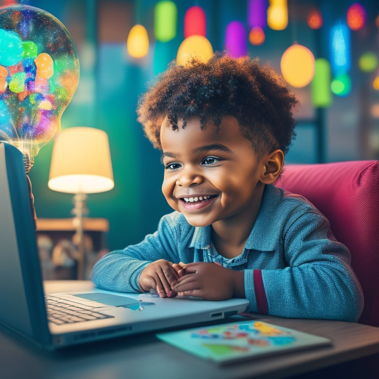 A colorful illustration of a smiling child sitting in front of a laptop, surrounded by thought bubbles filled with puzzle pieces, gears, and lightbulbs, with a subtle cityscape or library background.