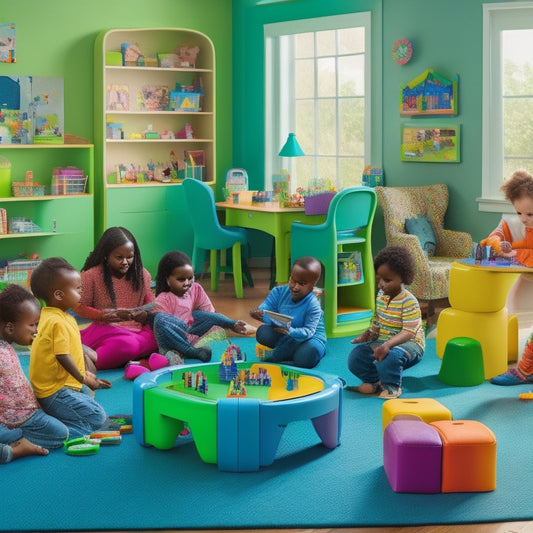 A colorful, clutter-free playroom with a mix of LeapFrog toys, such as a tablet, educational games, and learning aids, surrounded by happy, diverse children engaged in active learning and play.