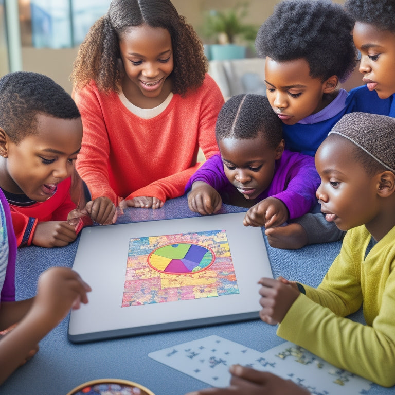 An illustration of a diverse group of students, ages 8-12, gathered around a tablet, with virtual math puzzles and graphs swirling around them, surrounded by subtle coding symbols and geometric shapes in the background.