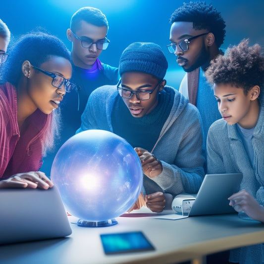 An illustration of a diverse group of students of various ages and abilities gathered around a futuristic, glowing orb, surrounded by floating tablets, laptops, and innovative gadgets, amidst a blurry, gradient background.