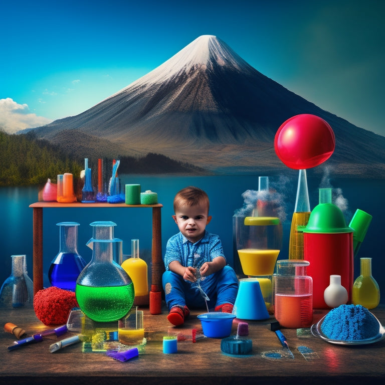 A colorful illustration of a curious child surrounded by various science experiment tools and materials, including beakers, test tubes, microscopes, and a volcano in the background.