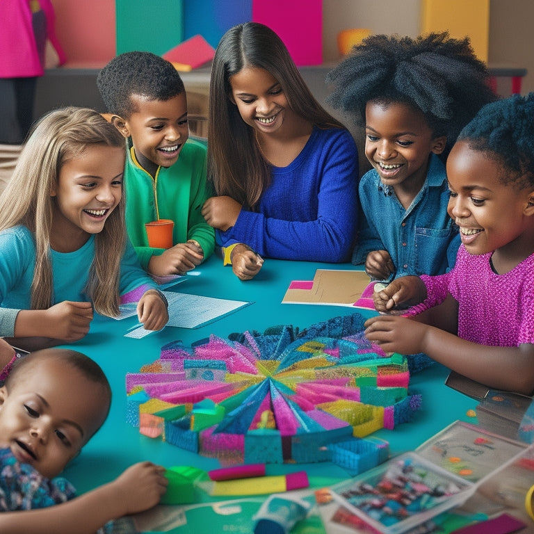 A colorful illustration of a diverse group of happy kids with ADHD, aged 6-12, gathered around a table, engaged in math activities on tablets and laptops, surrounded by fun math-related props.