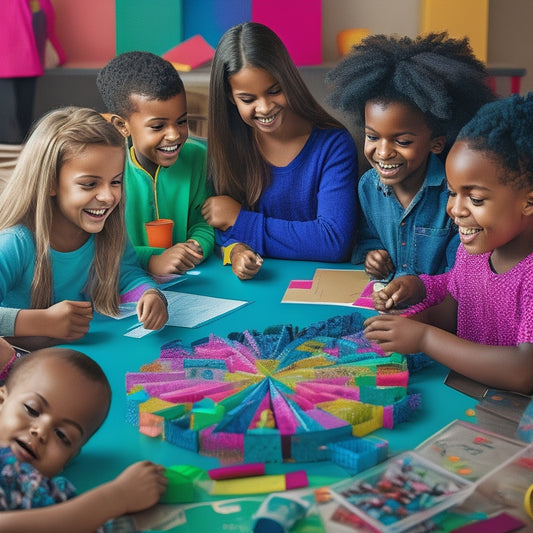 A colorful illustration of a diverse group of happy kids with ADHD, aged 6-12, gathered around a table, engaged in math activities on tablets and laptops, surrounded by fun math-related props.