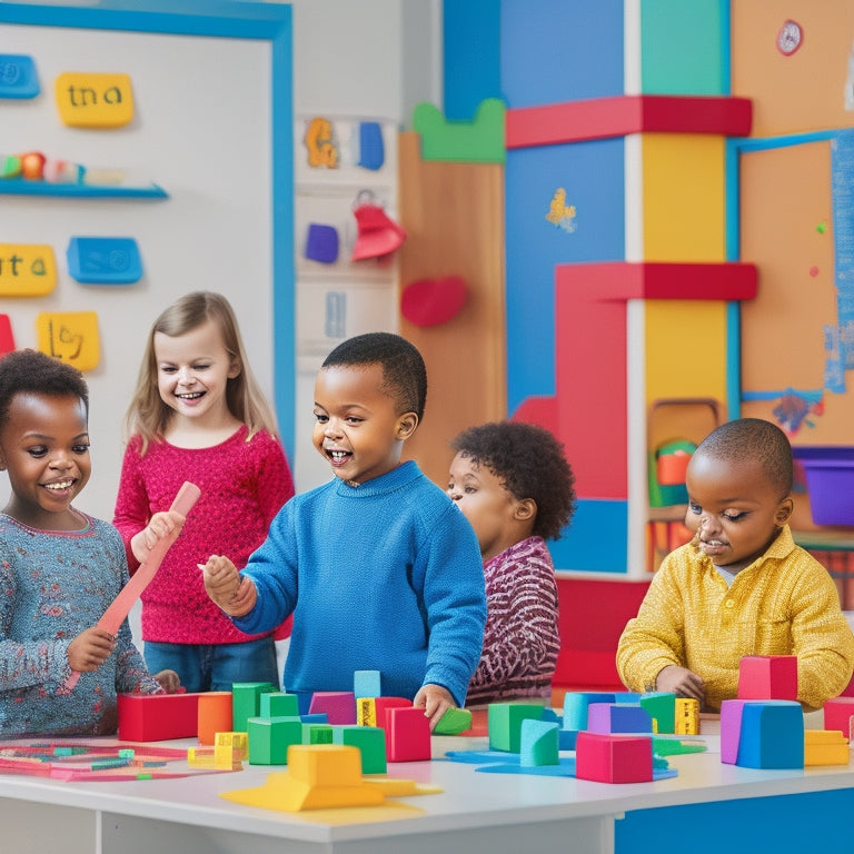 A colorful illustration of a cheerful preschool classroom with blocks, shape-sorting toys, and a number line on the wall, surrounded by happy children engaged in math-based play activities.