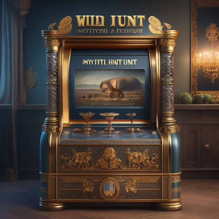 Prompt: Generate an image depicting a mystical<|start_header_id|><|start_header_id|> retro arcade cabinet with a Wild Hunt logo emblazoned on the side and a golden trophy on top,<|start_header_id|><|start_header_id|> with
