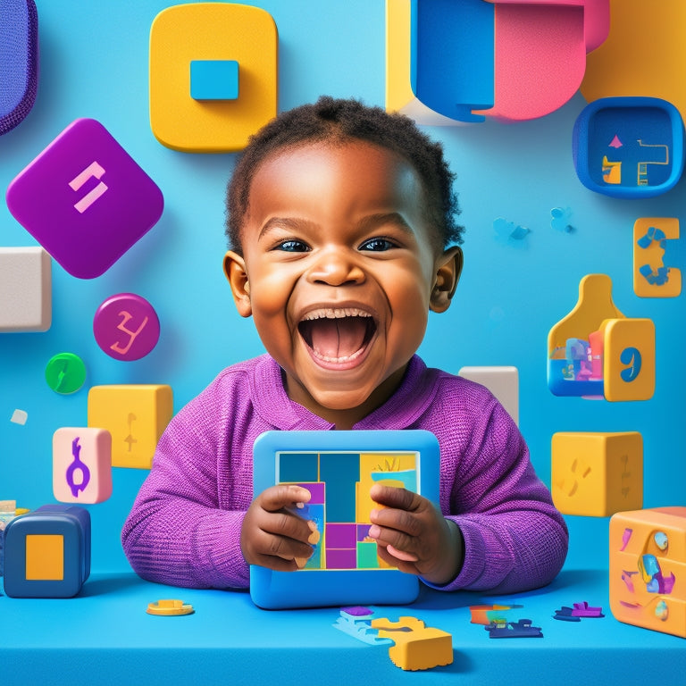 A colorful illustration featuring a smiling preschooler surrounded by tablets and smartphones, with math and science symbols, shapes, and icons floating around, amidst a subtle background of blocks and puzzle pieces.