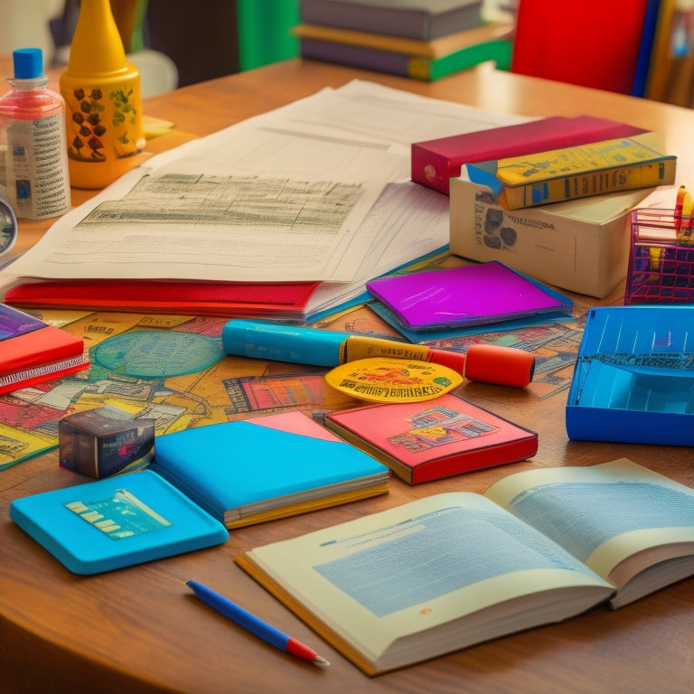 A cluttered teacher's desk with a laptop, tablet, and scattered math worksheets, surrounded by colorful pens, pencils, and a few worn-out math textbooks, with a subtle cityscape background.