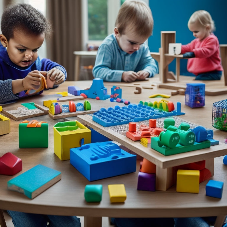 A colorful, clutter-free table scattered with various math toys, including a geometry shape sorter, a abacus, and a set of numbered wooden blocks, surrounded by curious, engaged children's hands.