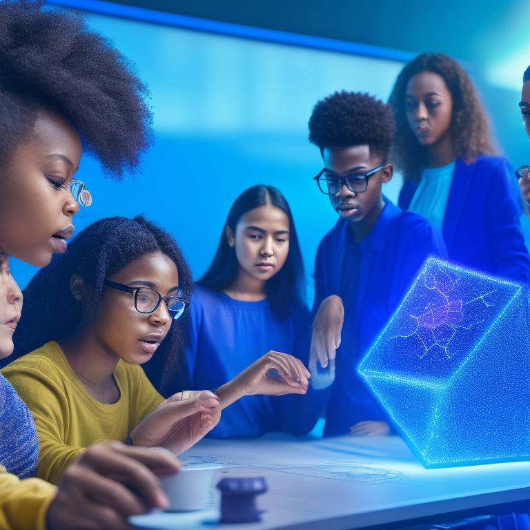 An illustration of a diverse group of students gathered around a futuristic, glowing math problem projected on a transparent screen, with virtual manipulatives and 3D shapes floating above their hands.