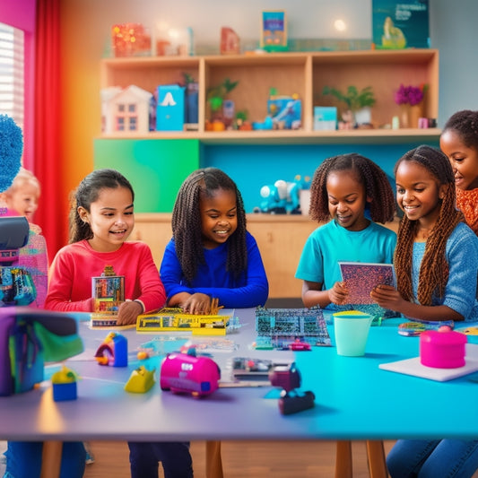 A colorful, clutter-free workspace with a diverse group of happy girls aged 6-12, surrounded by STEM toys, robotics, and coding gadgets, with a cityscape or futuristic background.