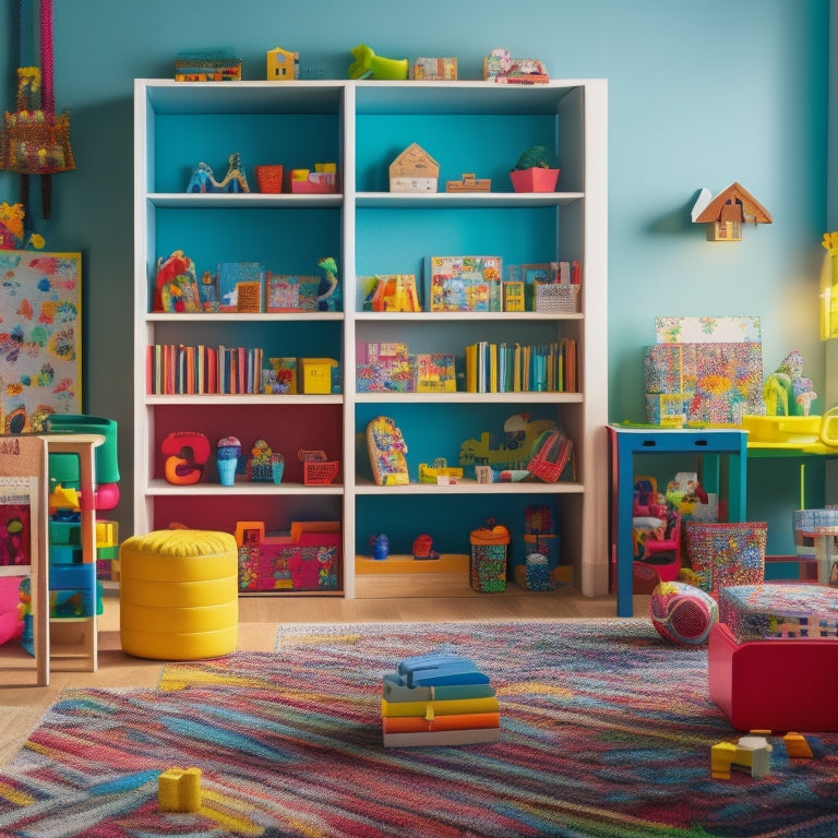 A colorful, clutter-free playroom with a variety of educational toys and materials, including building blocks, puzzles, and art supplies, arranged on shelves and tables, surrounded by a few happy, engaged children.