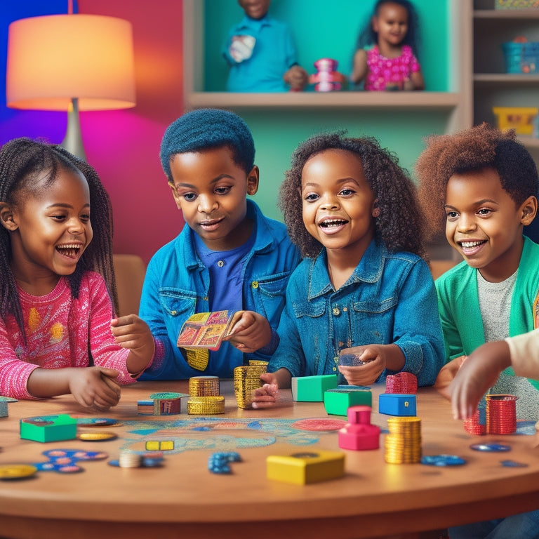 A colorful illustration of a group of diverse kids aged 4-10, gathered around a table, surrounded by coins, piggy banks, and board games, with excited facial expressions and gestures.