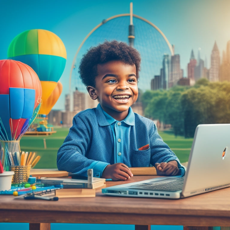 A colorful illustration of a smiling kid sitting in front of a laptop, surrounded by math-related objects like a globe, abacus, and geometric shapes, with a subtle cityscape or park background.