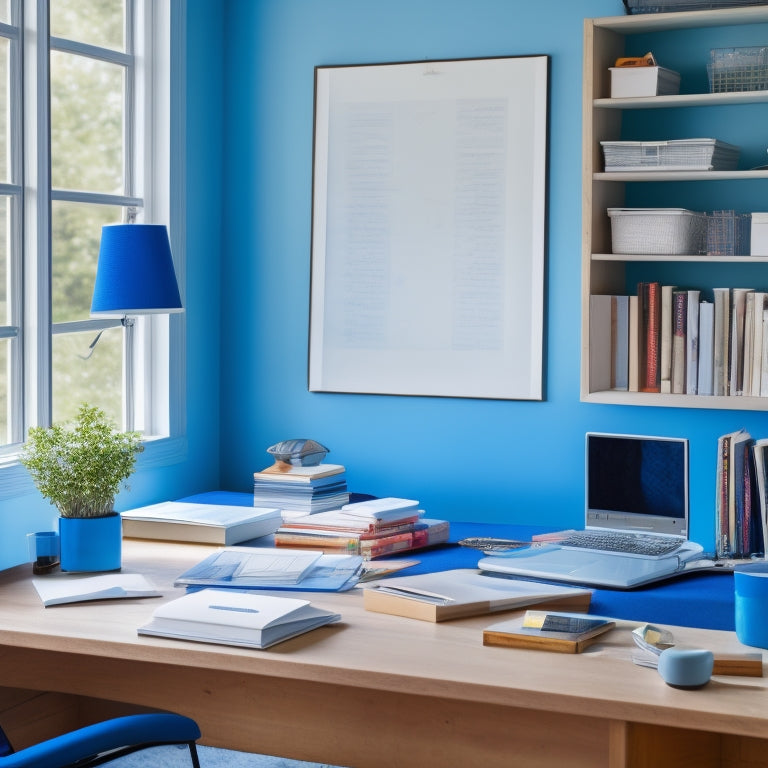 A serene, organized study space with a laptop open to a virtual whiteboard, surrounded by neatly arranged math textbooks, a calculator, and a few scattered notes, set against a soft blue background.