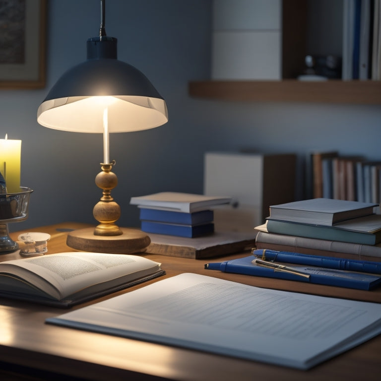 A calm, organized study space with a 9th grade math textbook open to a complex problem, a pencil lying beside it, and a subtle, gentle light shining from a desk lamp in the background.