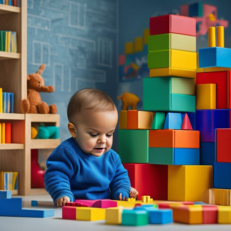 A warm and colorful illustration of a curious toddler surrounded by building blocks, puzzles, and open books, with a subtle background of brain development diagrams and growth charts.