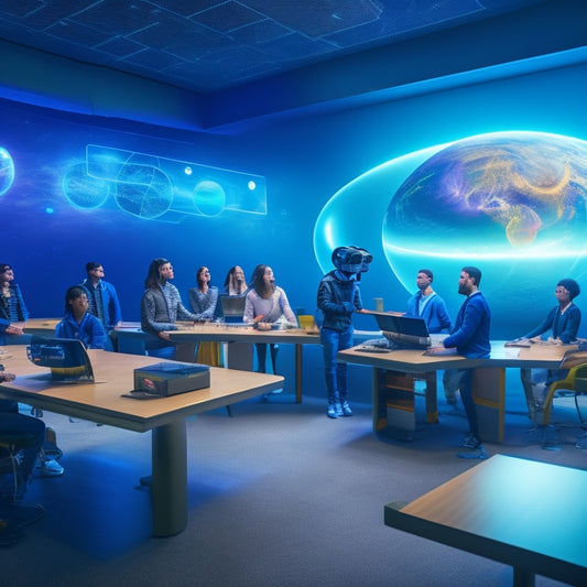 A futuristic classroom with diverse students wearing VR headsets, surrounded by 3D projections of planets, animals, and molecules, with a teacher guiding them from a holographic console.