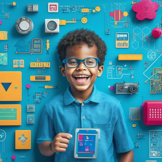 A colorful, whimsical illustration of a smiling cartoon kid surrounded by floating math symbols, geometric shapes, and icons of various digital devices, with a subtle background of circuit boards and coding patterns.