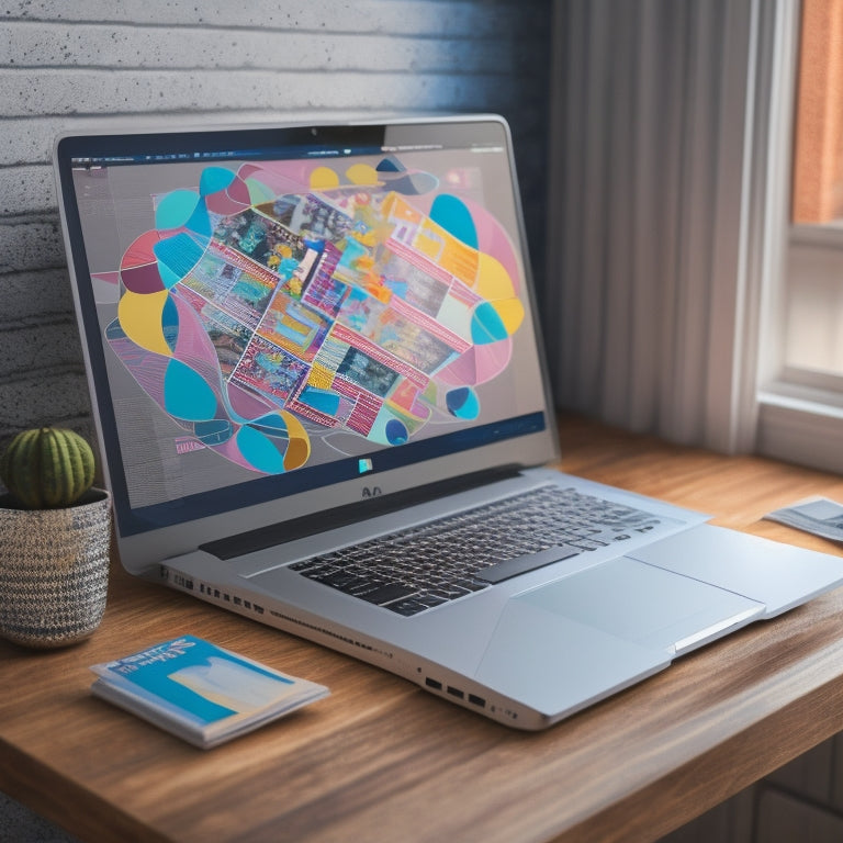 An illustration of a sleek, silver Mac laptop on a minimalist desk, surrounded by colorful, swirling math symbols and geometric shapes, with a subtle grid pattern in the background.