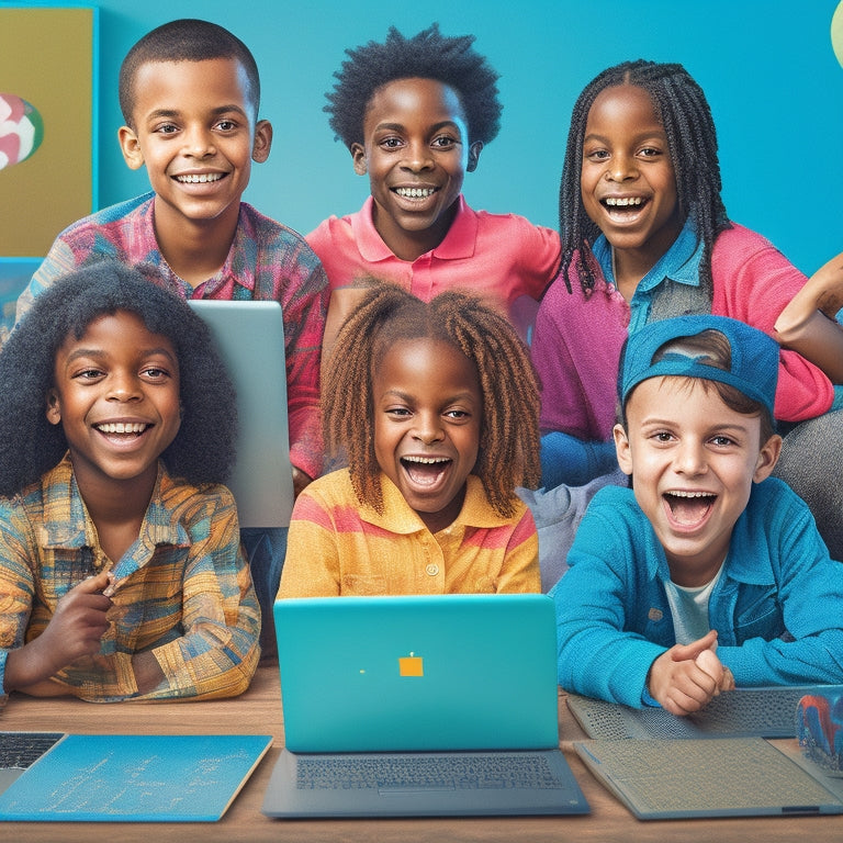 A colorful illustration of a group of diverse 2nd-grade students, all smiling and engaged, surrounded by tablets and laptops with math-based apps open, with virtual math objects and characters floating around them.