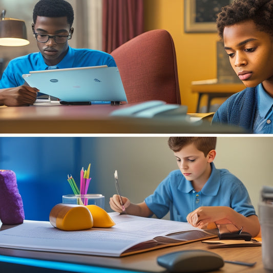 A split-screen image featuring a student surrounded by algebra formulas and equations on a cluttered desk on one side, and the same student confidently working on a sleek digital tablet with interactive algebra simulations on the other.