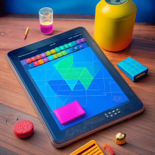 A colorful illustration of a tablet surrounded by mathematical objects like geometric shapes, calculators, and formulas, with a subtle background of a chalkboard or graph paper.
